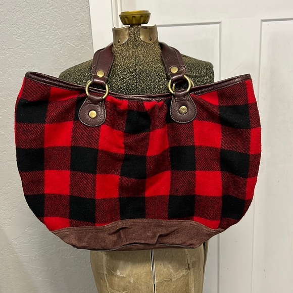 LUCKY BRAND BUFFALO PLAID RED & BLACK WOOL, COTTON & LEATHER BAG - Picture 1 of 16